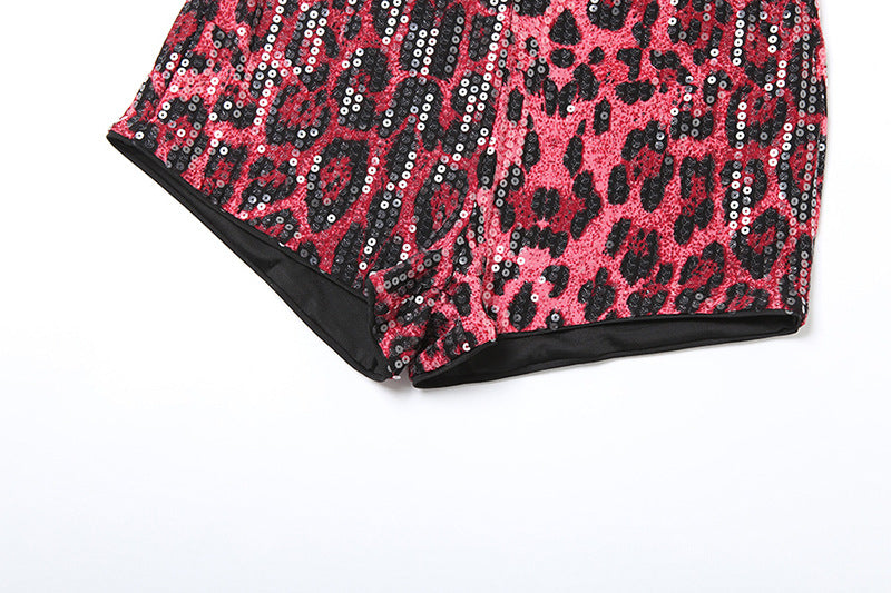 Women sexy animal leopard sequin sleeveless Top and shorts two-piece set 13
