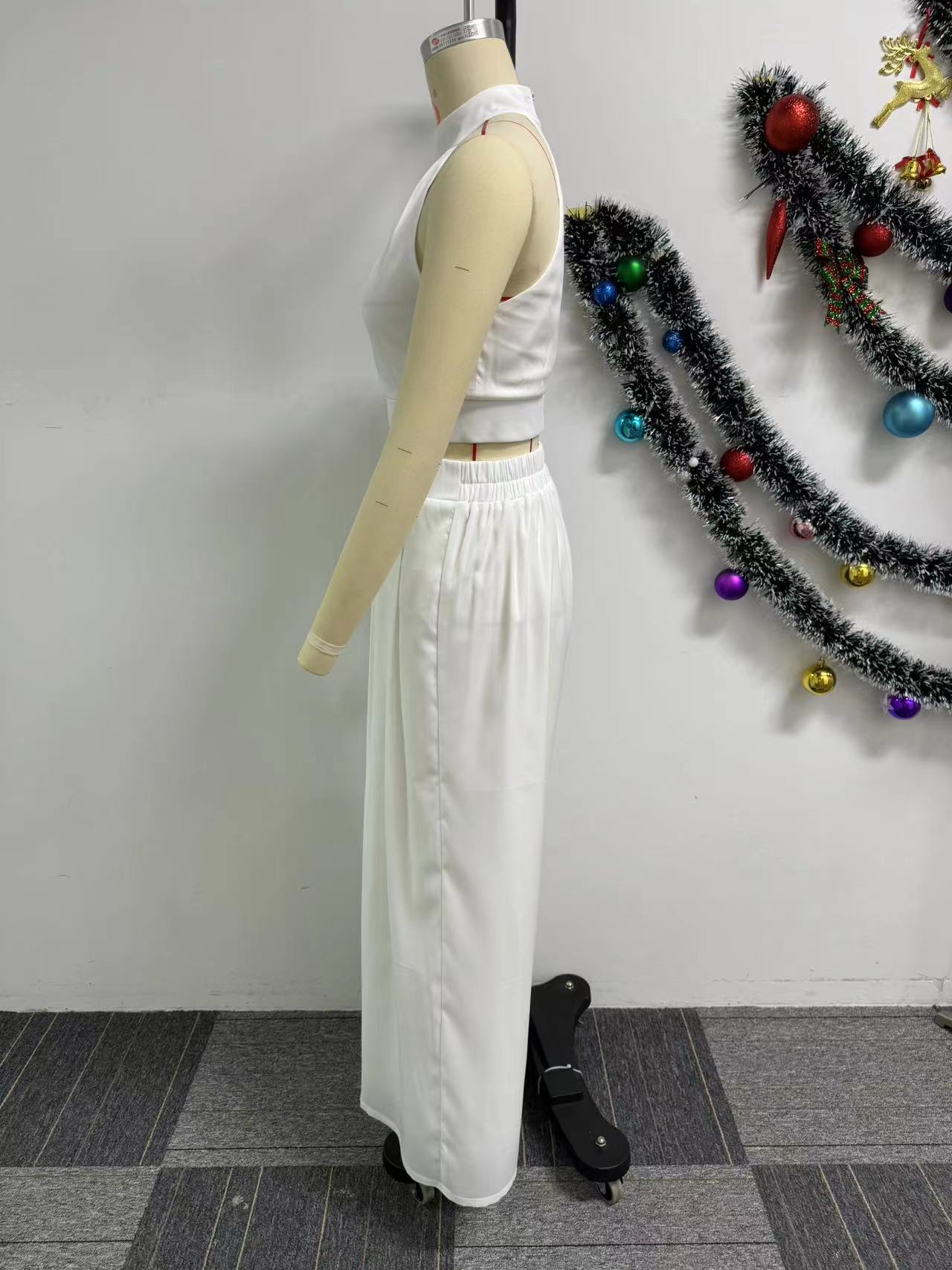 Women Sexy Pleated Sleeveless Top Wide Leg Pants Two-piece Set 13