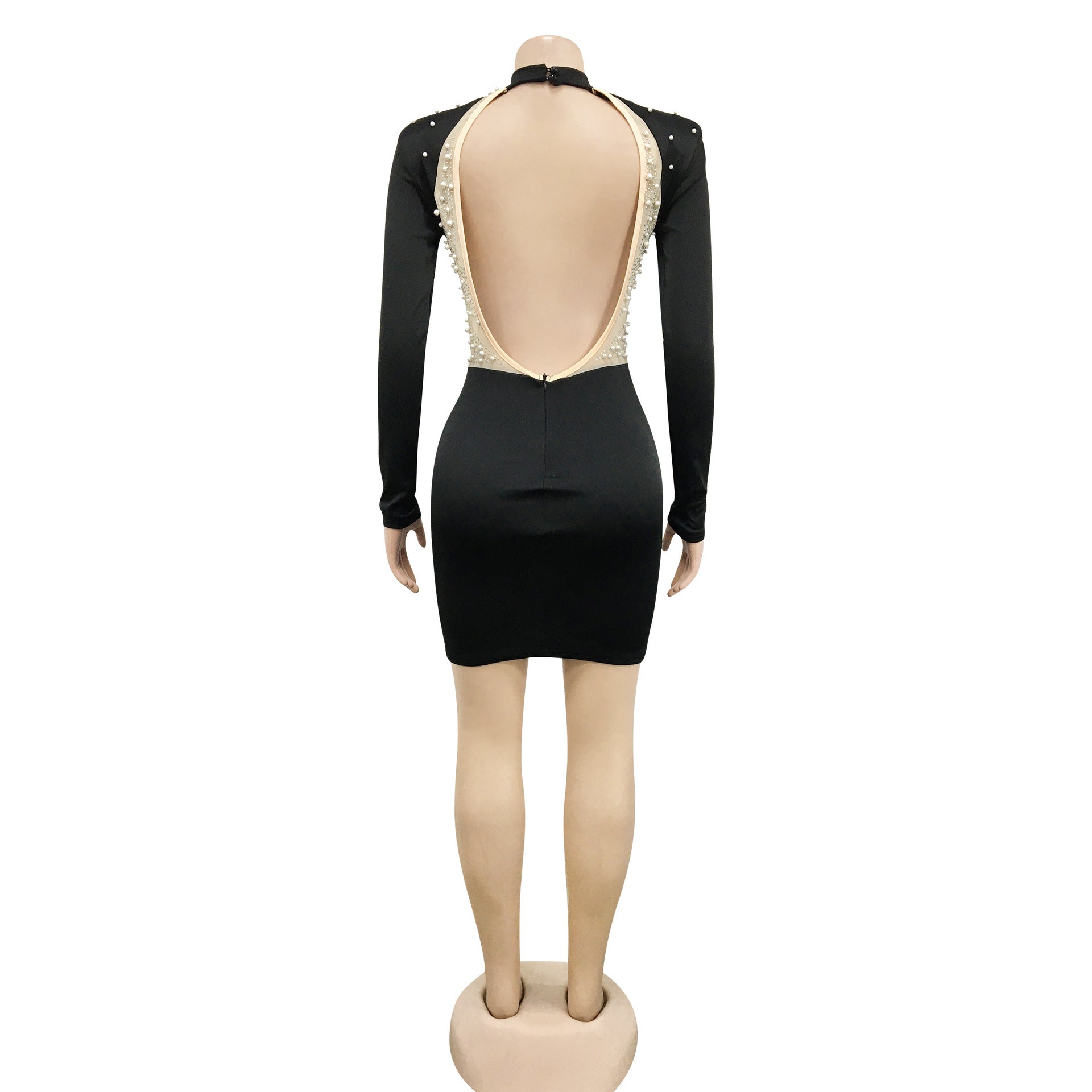 Fashion Sexy Nightclub Beaded Mesh See-Through Bubble Beads Low Back Long Sleeve Mid Skirt Dress Women 13