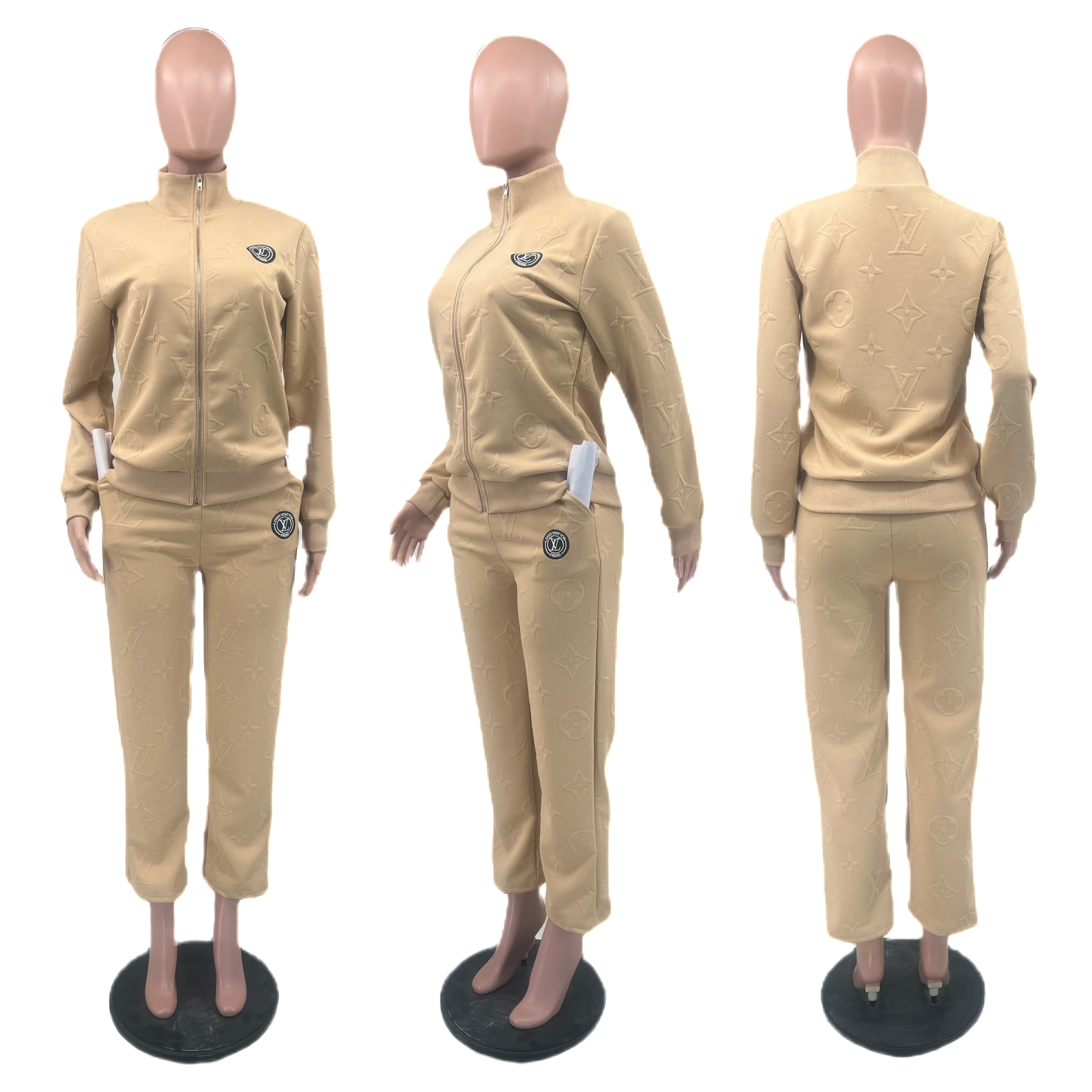 Women Embossed Embroidered Sport Ribbed Zipper Top and Pant Two Piece 21