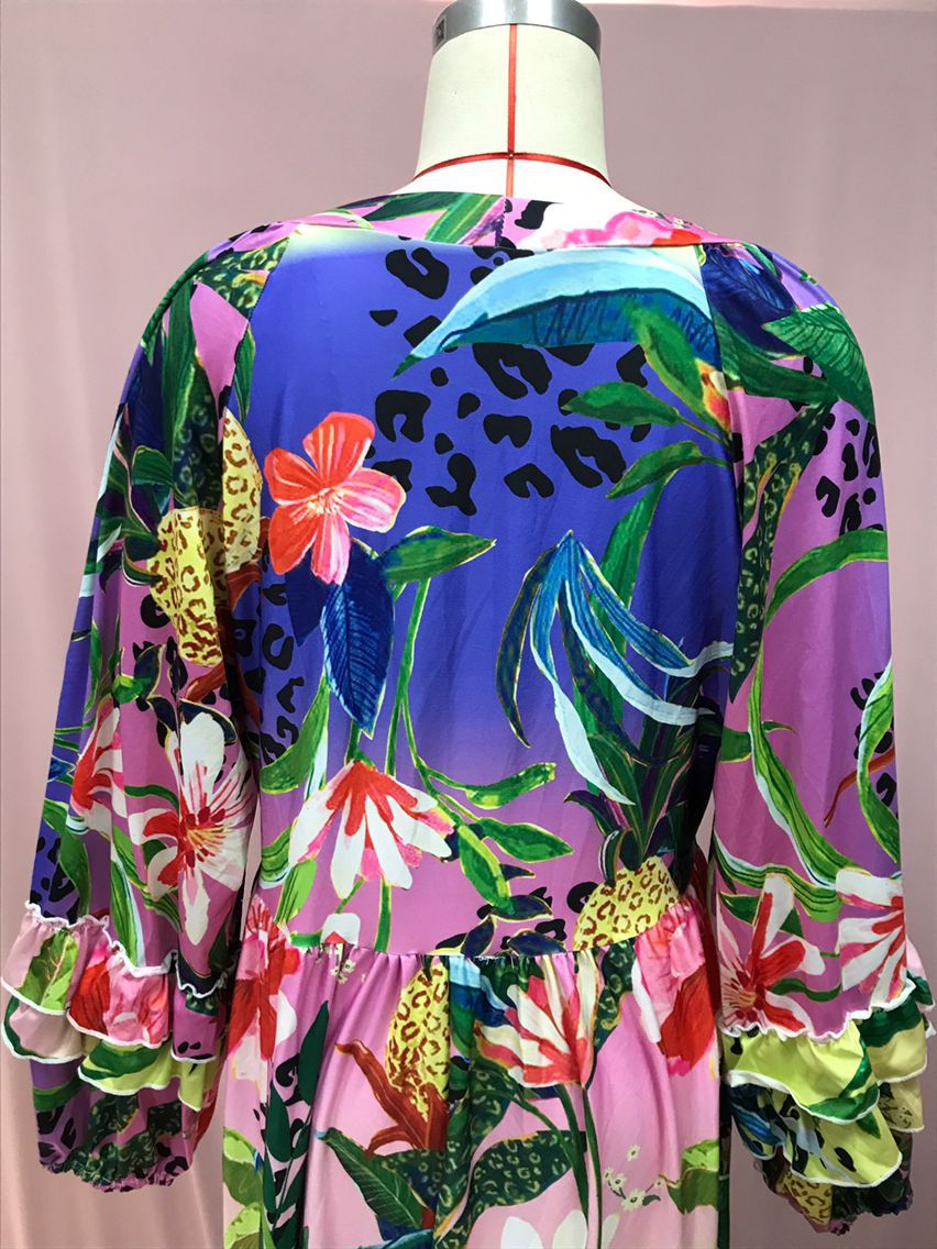 Women summer printed gradient ruffled v-neck sexy Maxi dress 8