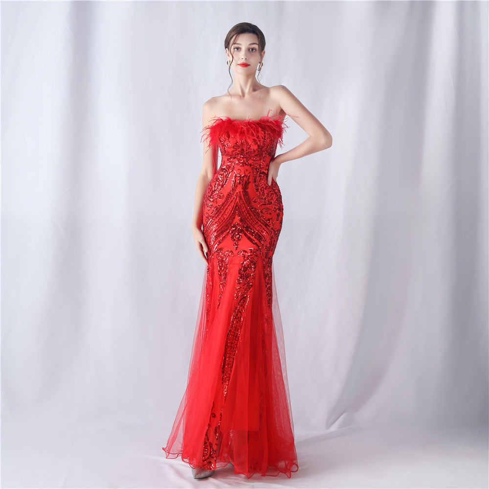 feather sequins mesh patchwork Strapless wedding party dress 12