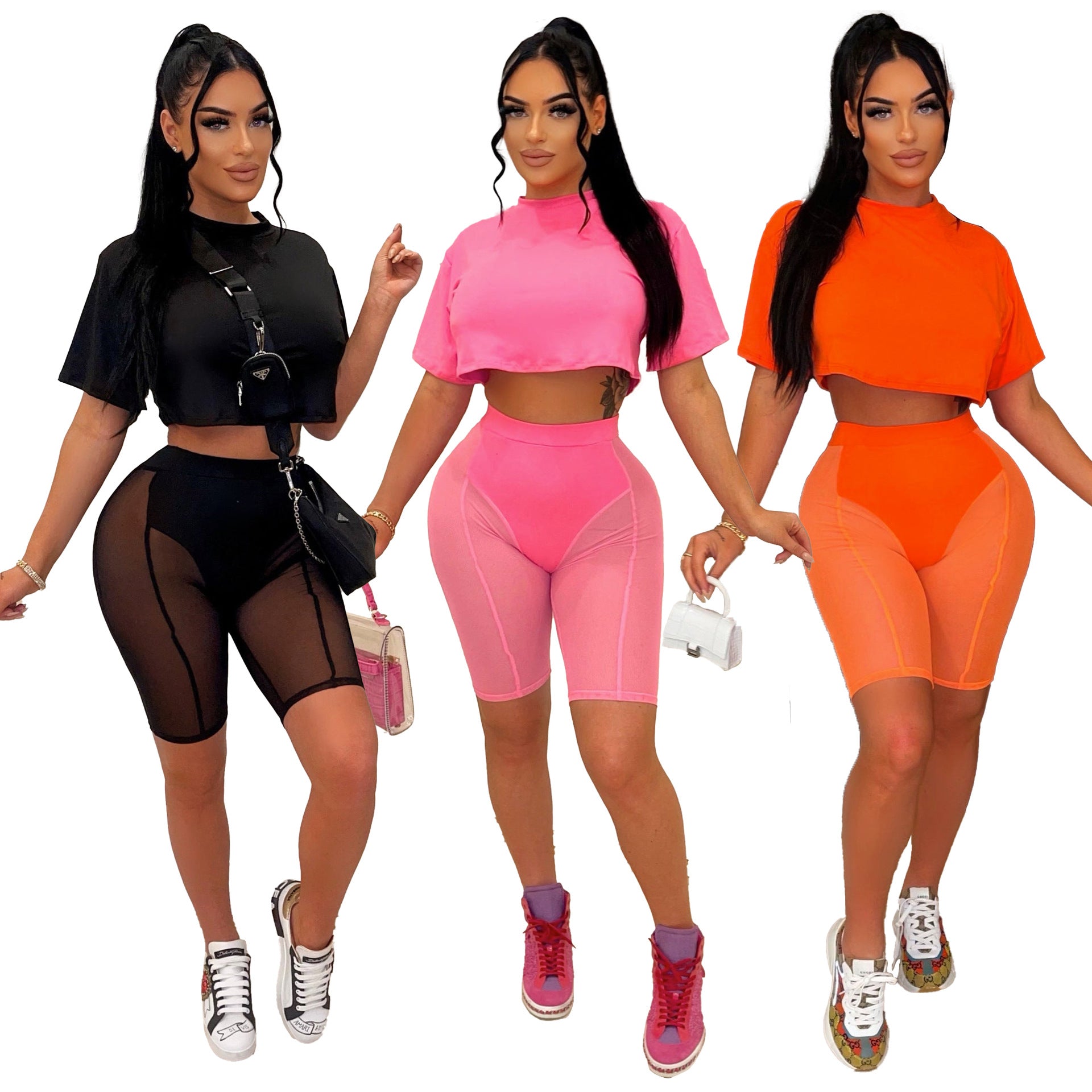Women Summer Fashion Mesh Solid Top + Shorts Two-Piece Set