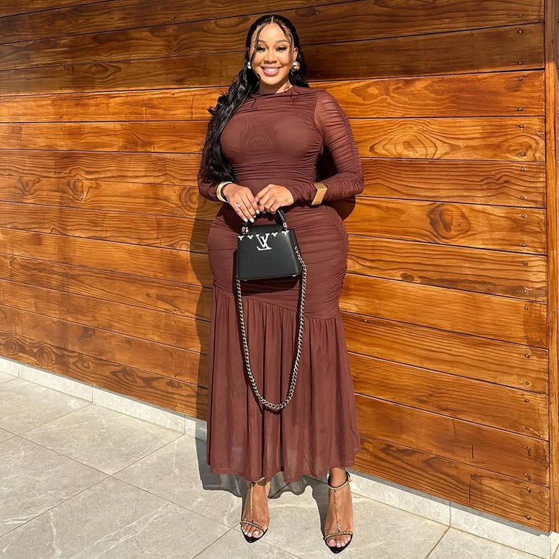 Women's Chic Slim Waist Solid High Neck Long-Sleeve Ruched Long Dress 5