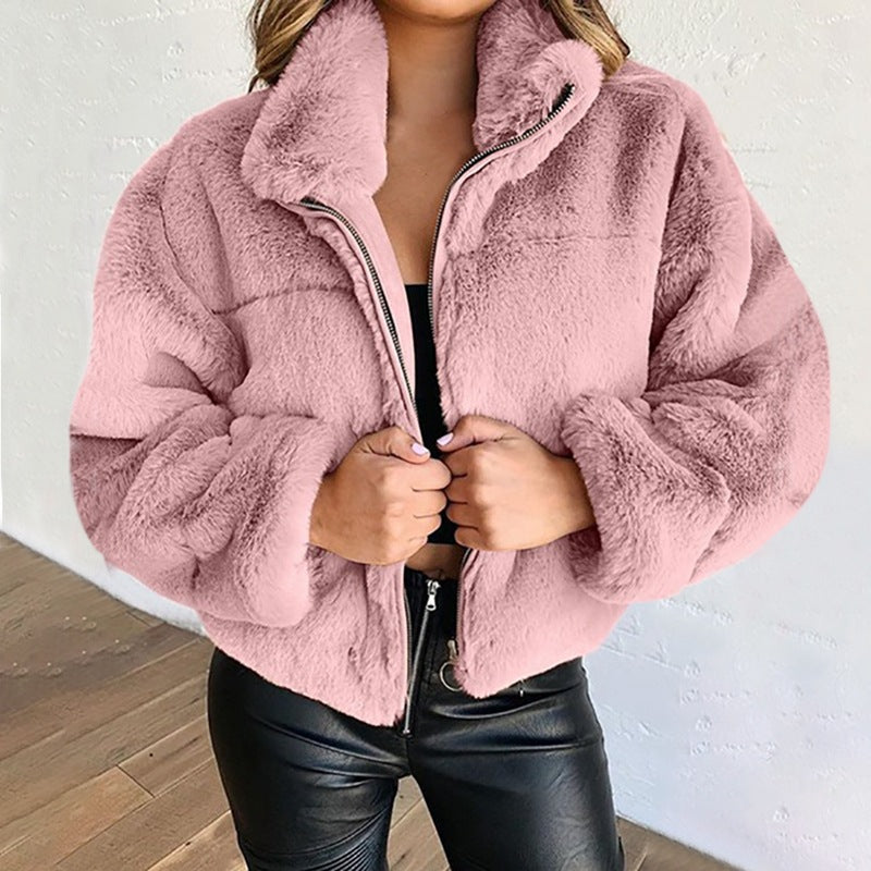 Women furry zipper warm jacket 3