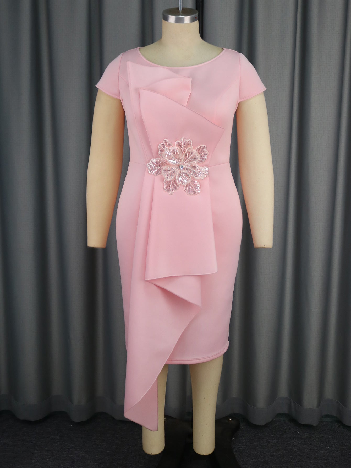 Women Summer Round Neck Short Sleeve Formal Party Patchwork Bodycon Dress 3