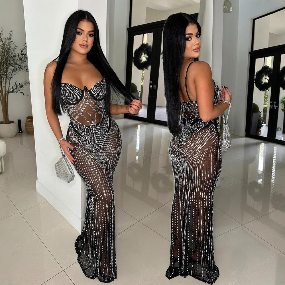 Sexy Fashion Sleeveless Beaded Straps Low-Back Slim Fishtail Dress 3