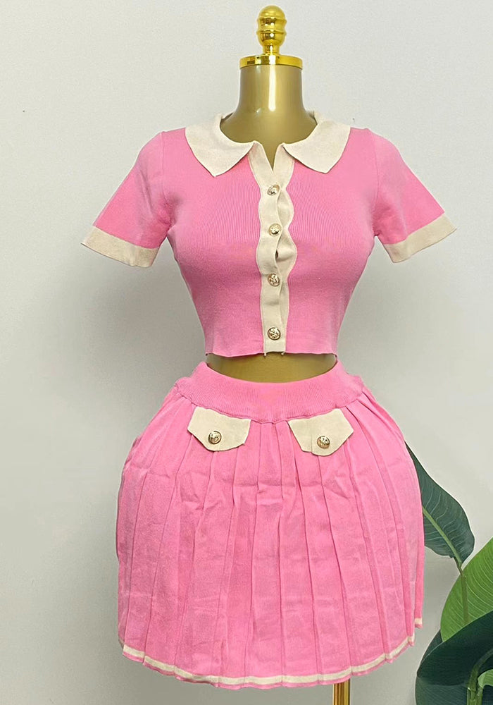 Women trendy knitting short-sleeved contrasting Top and Skirt two-piece set