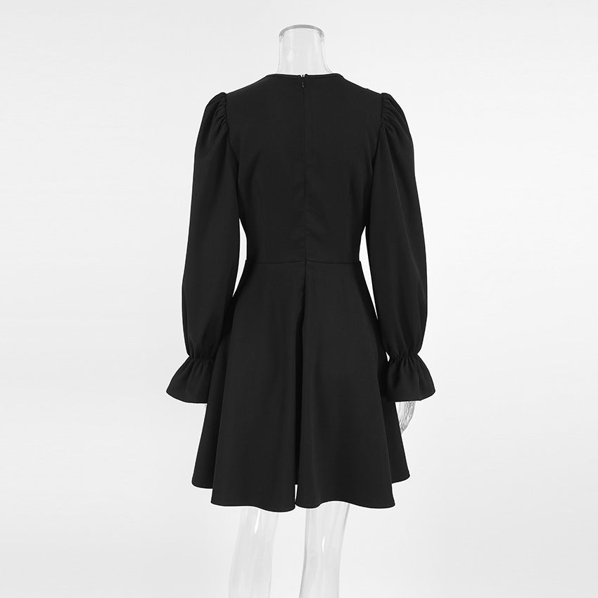 Autumn And Winter Black Sexy Turndown Collar Bell Bottom Long Sleeve Slim Short Dress 8