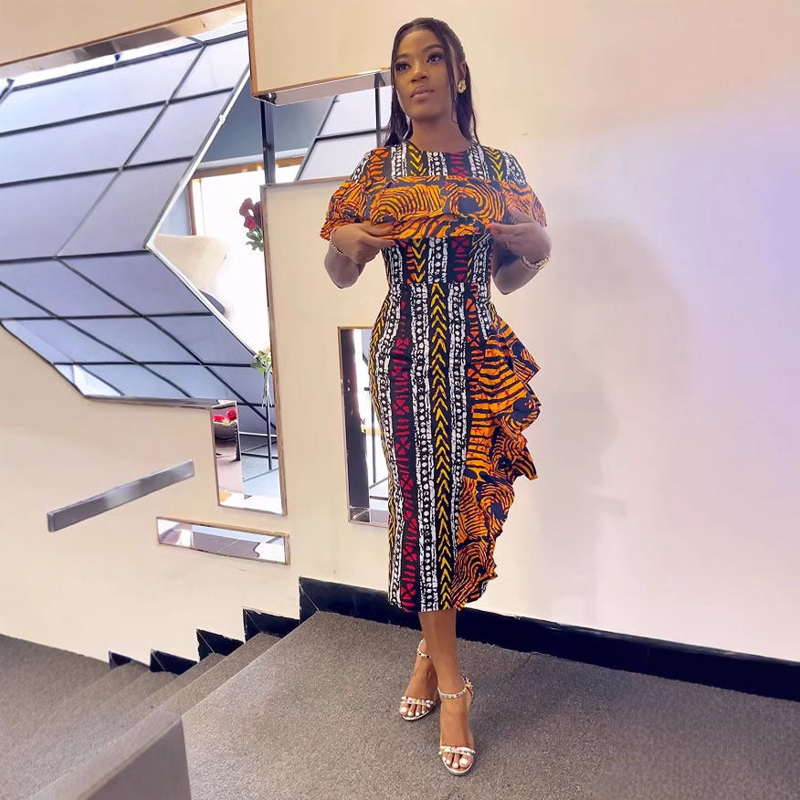 Women Elegant Printed Wood Ear Lace Contrast Slit Dress