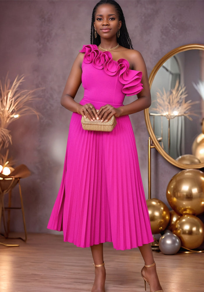 Women One Shoulder Slash Shoulder Formal Party Pleated Dress