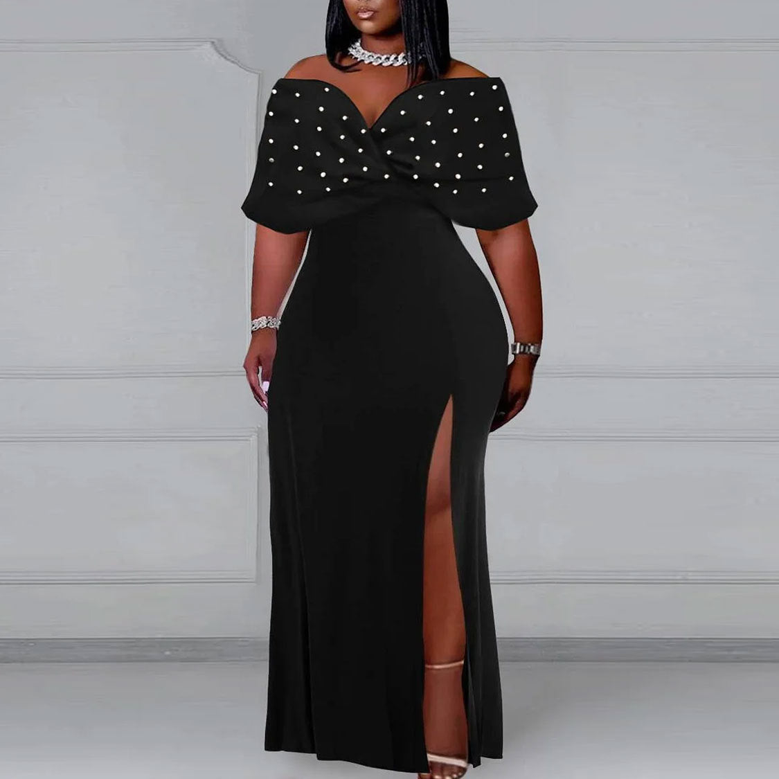 Sexy Pearl Off Shoulder Slit Plus Size Dress