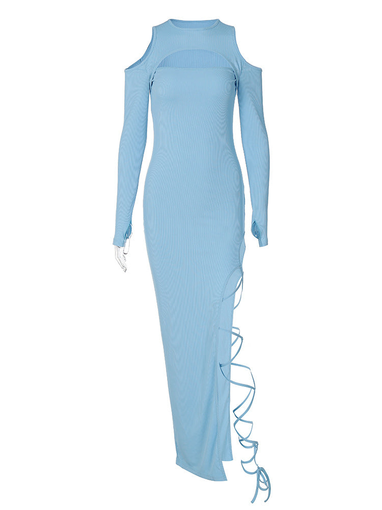 Women Sexy Solid Long Sleeve Hollow Slit Dress 8