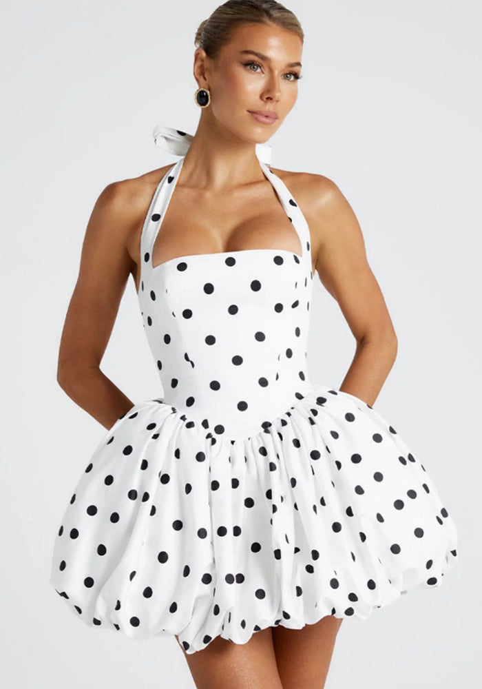 Women Summer Halter Neck Tie-Drawn Bow Puffy Dress
