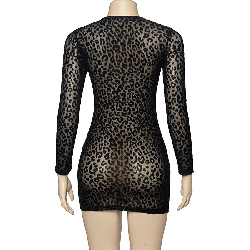 Women autumn leopard print flocked mesh sexy Bodycon Mini dress 11