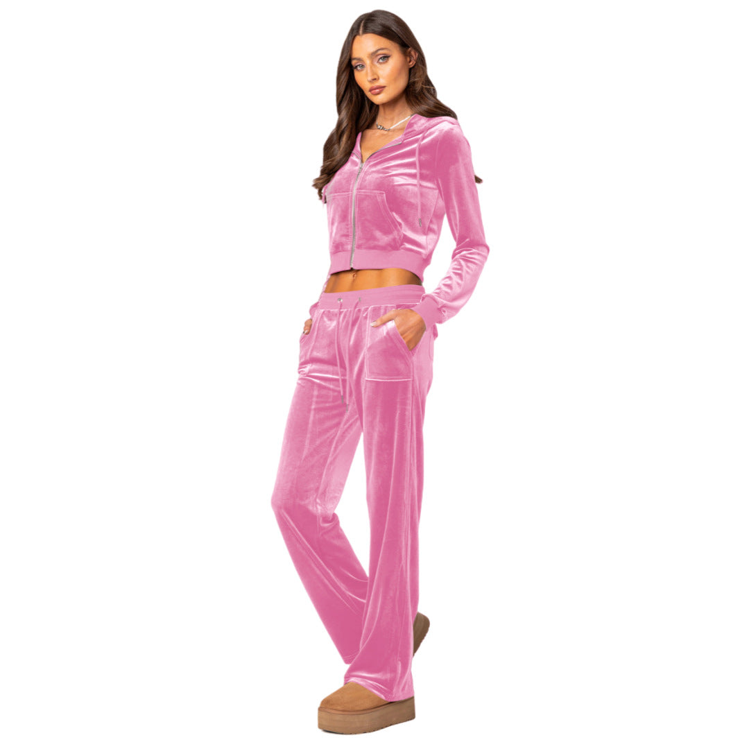 Women Velvet Hooded Sporty Two-Piece Top and Pant 6