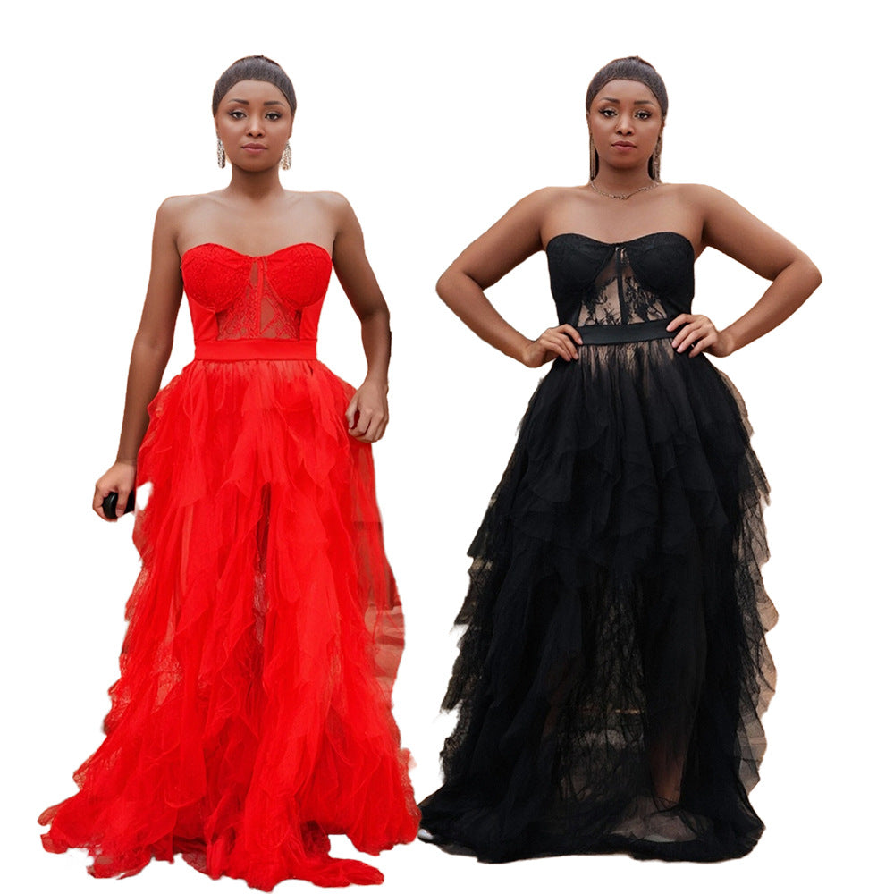 Women Sexy See-Through Meshlace Wrap-up Long Dress 10