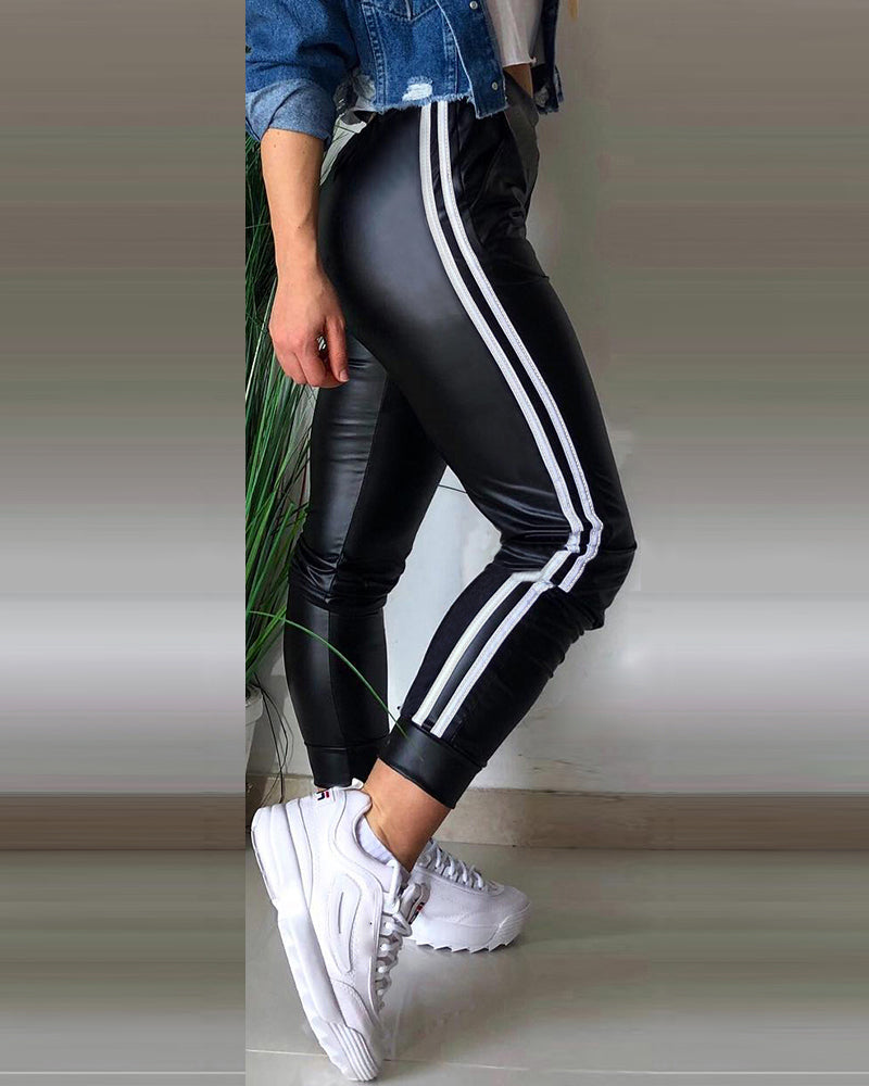 Women black pu-leather ribbon color matching leggings trousers 4