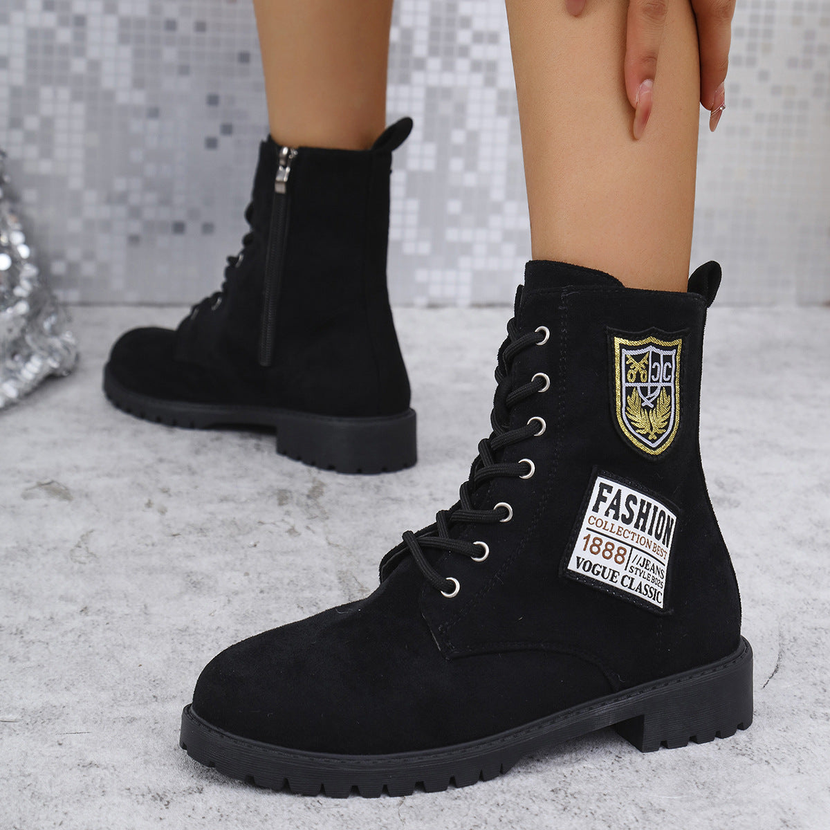 Winter Thick Sole Lace-Up Low Heel Decorated Martin Boots Women's Shoes 6