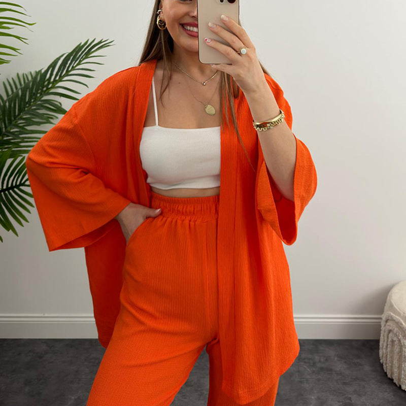 Women Solid long-sleeved shirt and pleated elastic waist trousers two-piece set 12