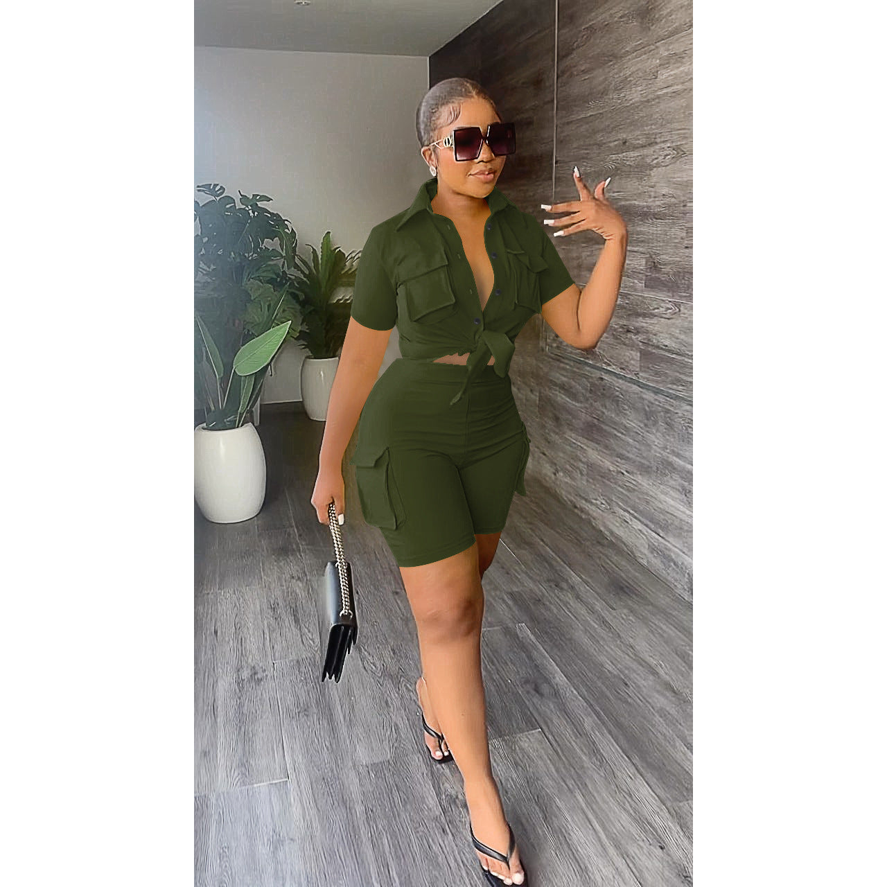 Women'S Solid Color Short Sleeve Shirt Shorts Two-Piece Set 7