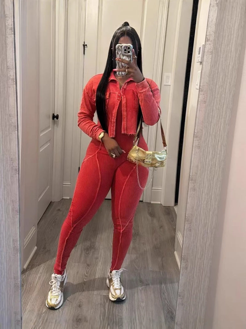 Fashion Women's Solid Color Tight Slim Jumpsuit Coat Casual Two-Piece Set 3