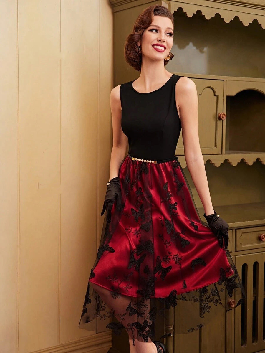 Sleeveless Butterfly Embroidery Chic Evening Dress Patchwork Contrast Red Party Gown 4