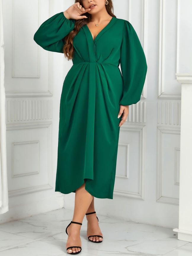 Green Casual V-Neck Slim Fit Plus Size Dress 4
