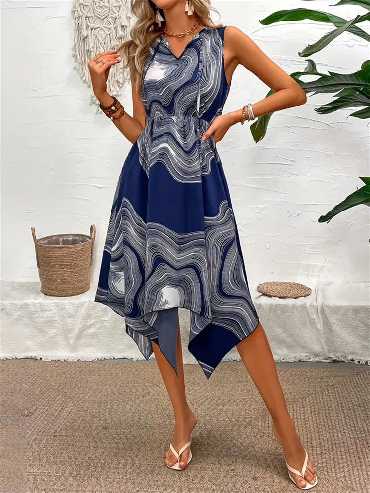 Spring Summer Printed Slim Waist Irregular Shirt Dress 6