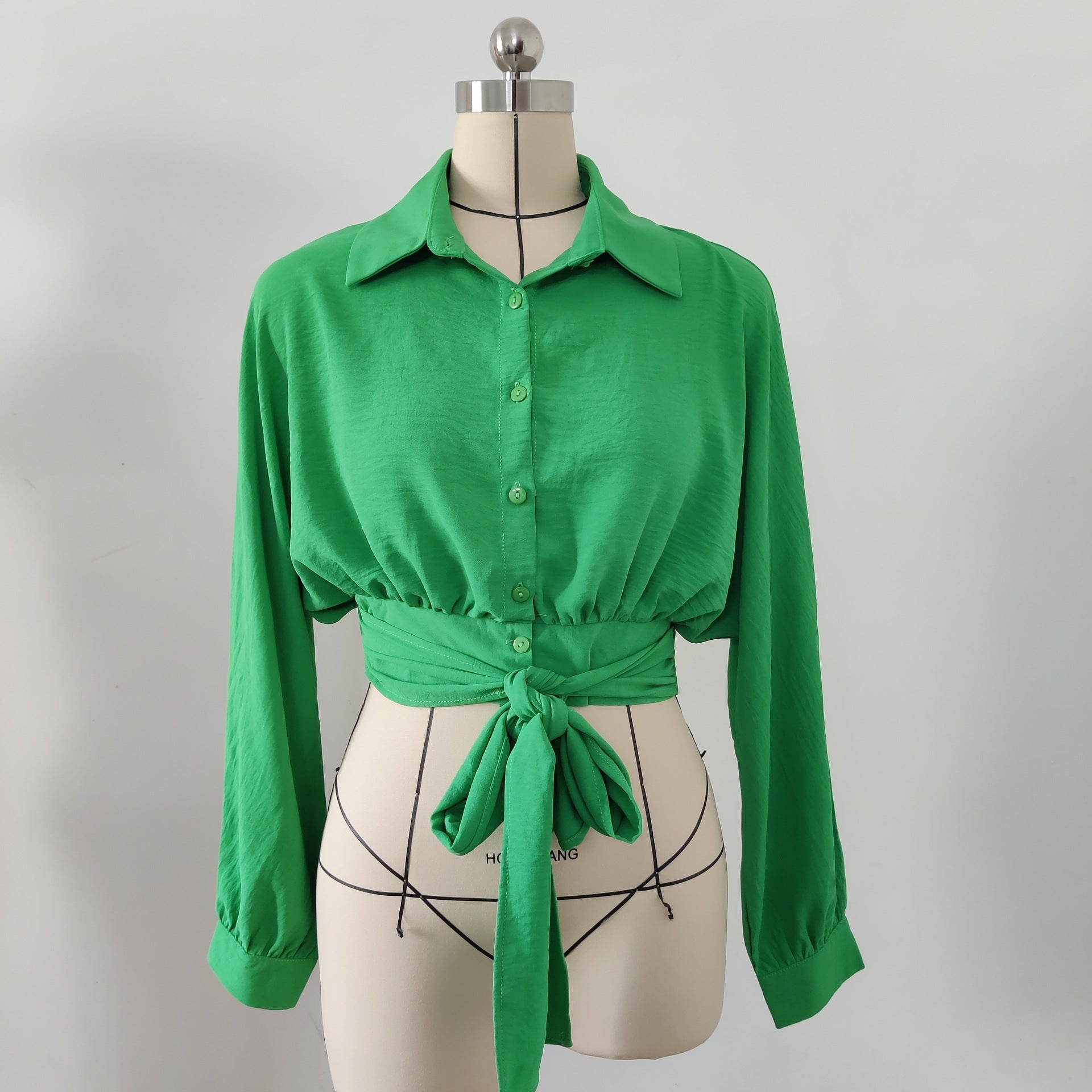 Women's Lace Up Long Sleeve Cardigan Spring Summer Bat Sleeves Crop Loose Shirt 15