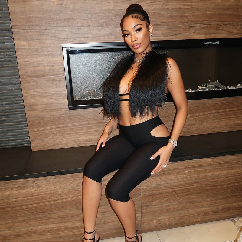 Women Autumn/Winter Halter Neck Fur Collar Backless Tie Cutout Top and Capri Two-Piece Set