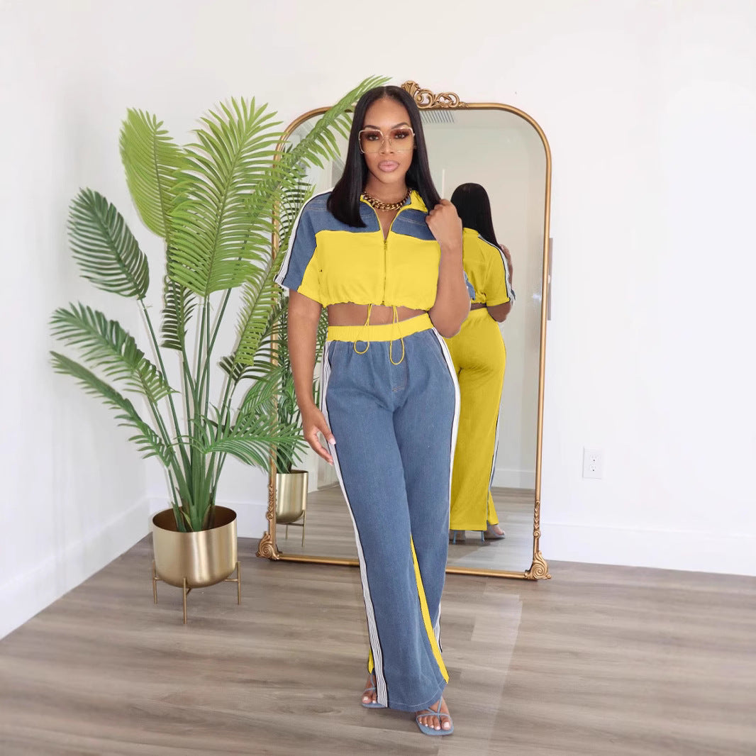 Women Color Blocking Contrast Sports Casual Top + Wide Leg Pants Two-piece Set 8