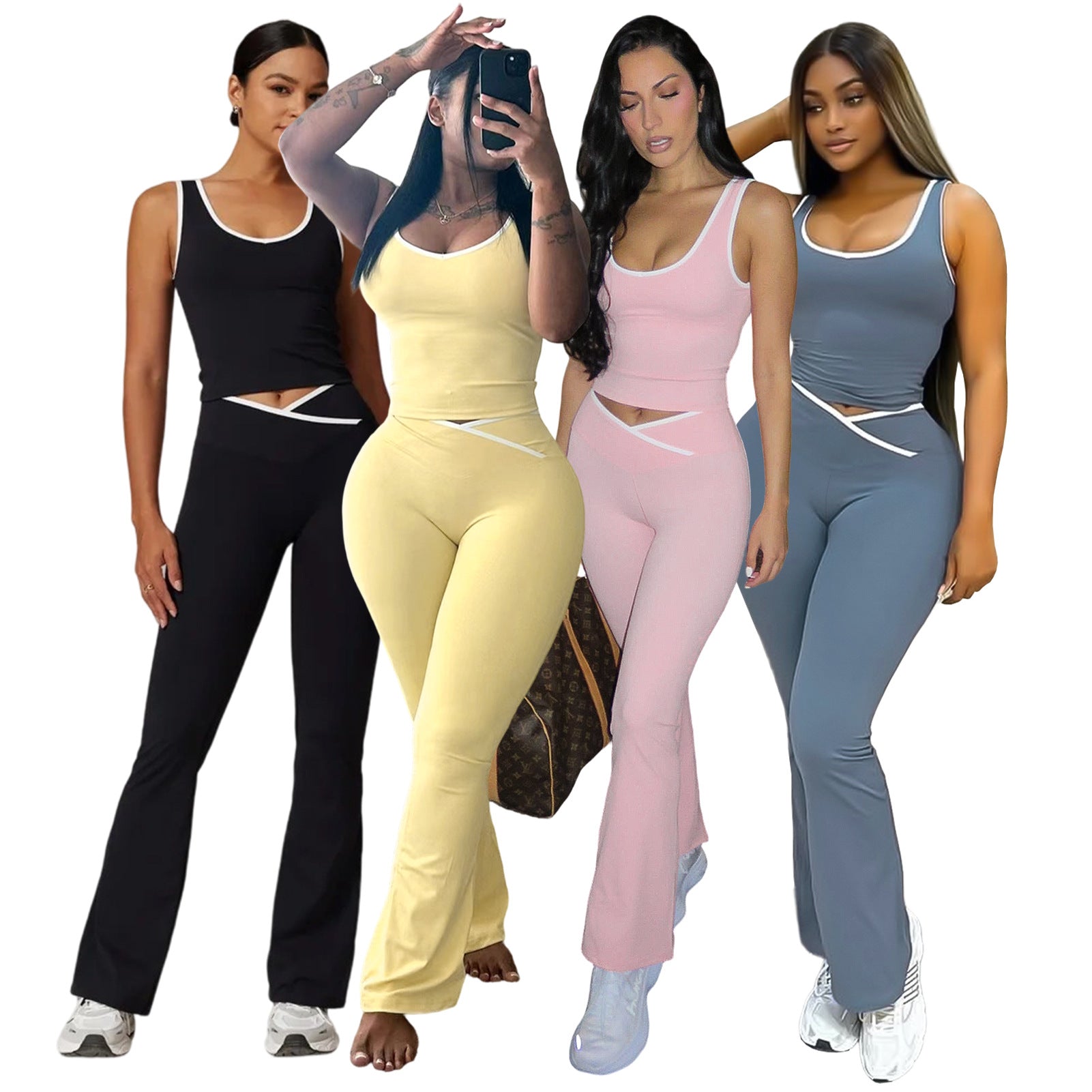 Women Yoga Contrast Color Cross Bell Bottom Pants Two-piece Set 10