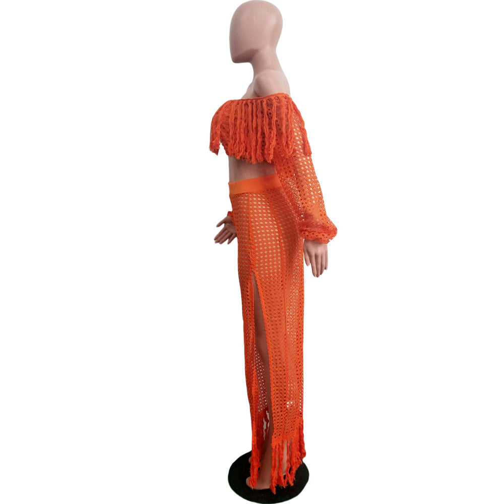Summer Hollow Sexy Fashion Mesh Tassel See-Through Two-Piece Skirt Set 23
