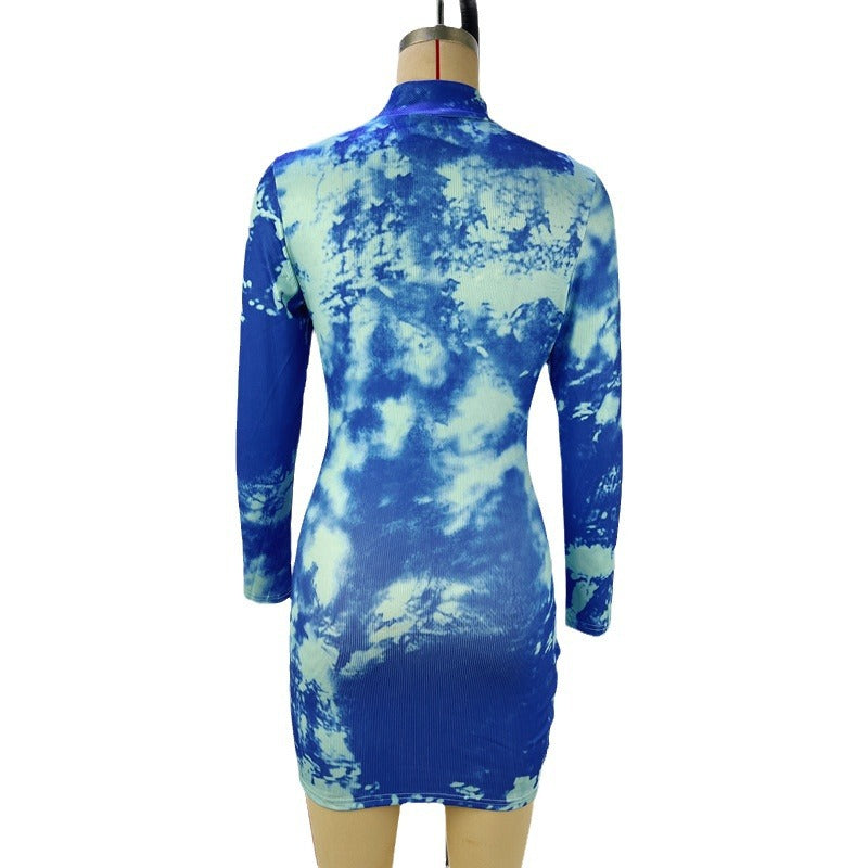 Women Spring Summer Print Stand Collar Long Sleeve Bodycon Dress 6