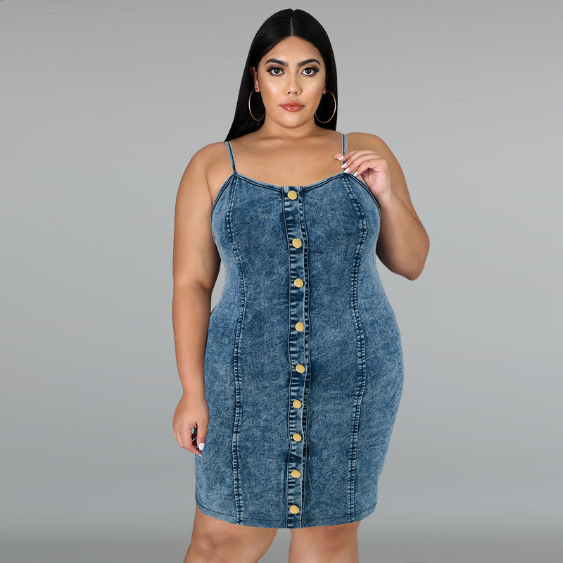 Plus Size Women's Denim Sleeveless Strap Short Dress 4