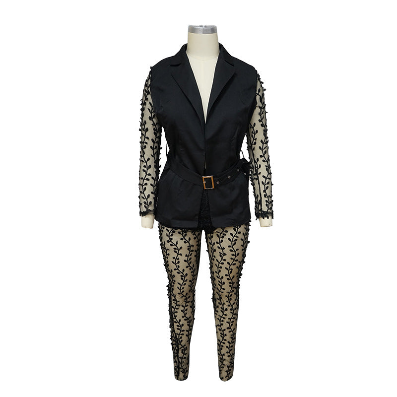 Women mesh lace Floral long-sleeved Top and Bell Bottom long pants two-piece set with belt 10