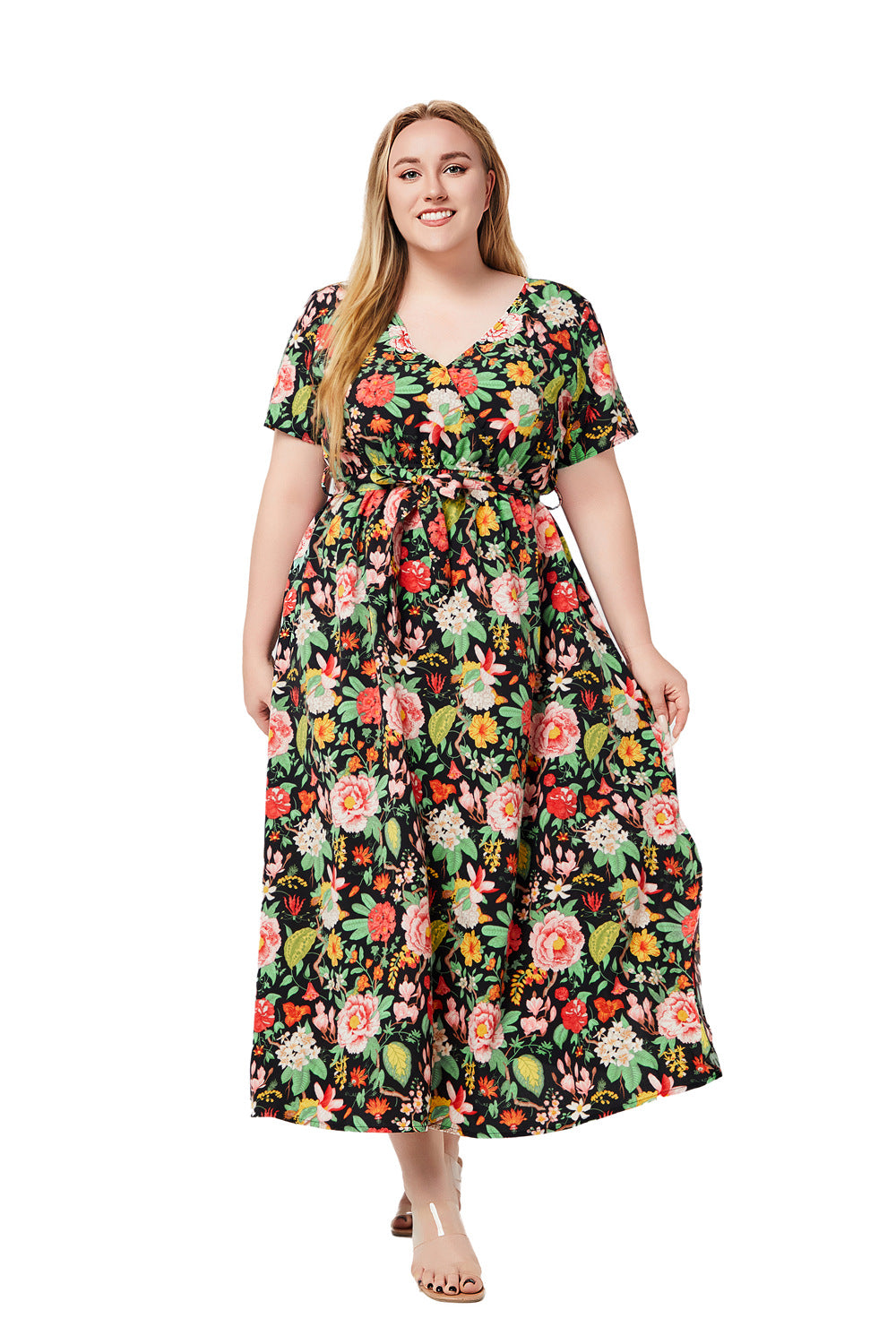 Plus Size Women Summer V Neck Short Sleeve Printed Bohemian Dress 3