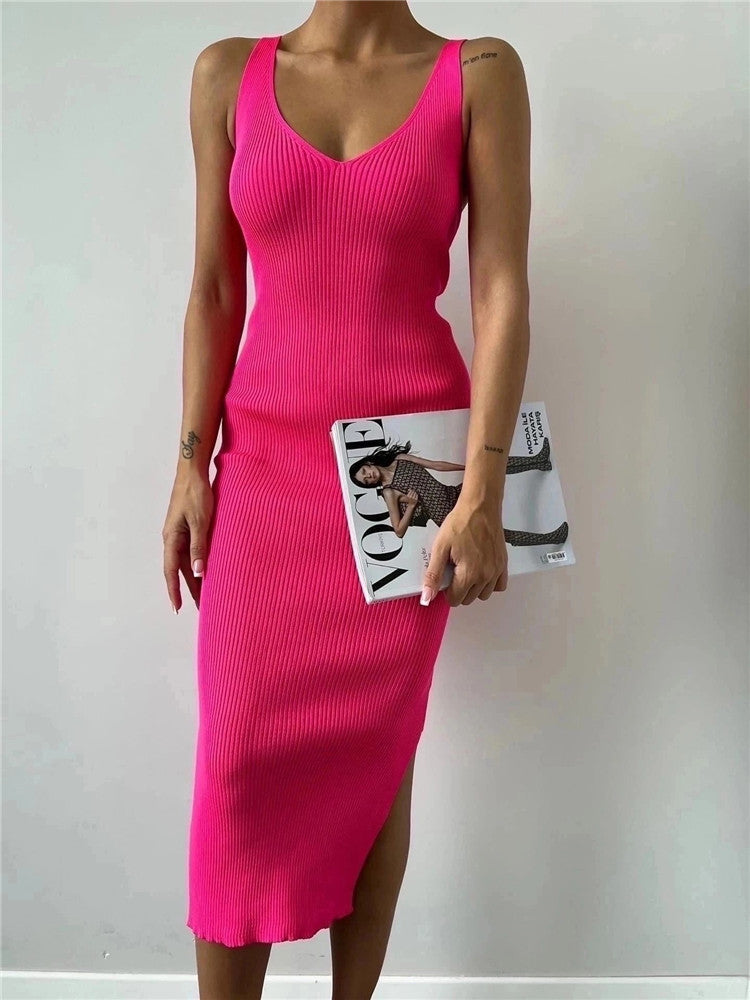 Women Summer Color Sleeveless Round Neck Ribbed Bodycon Dress 7