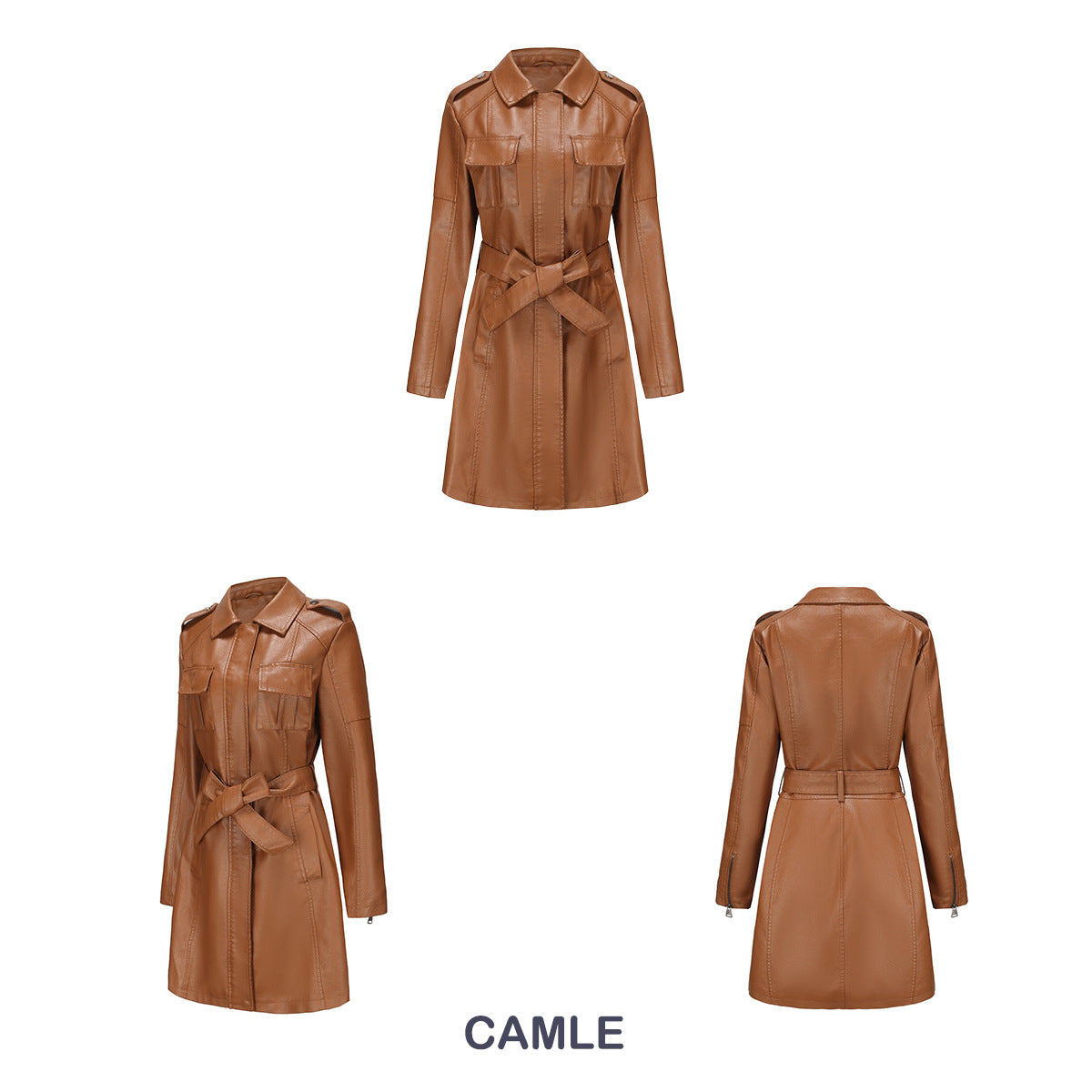 Spring And Autumn Long-Sleeved Leather Windbreaker Leather Jacket With Belt Fashionable British Jacket For Women 14