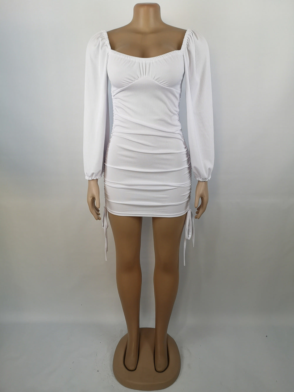 Women Sexy Drawstring Pleated Bodycon Long Sleeve Dress 43