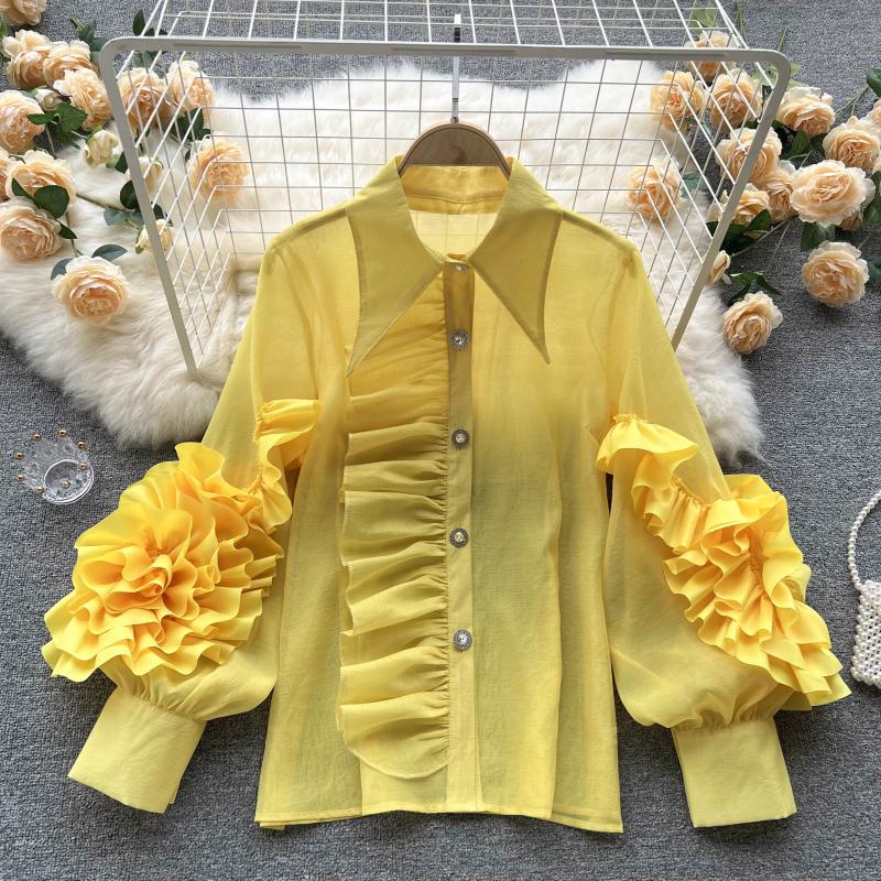 Women Fashion Turndown Collar Ruffled Loose Shirt 5