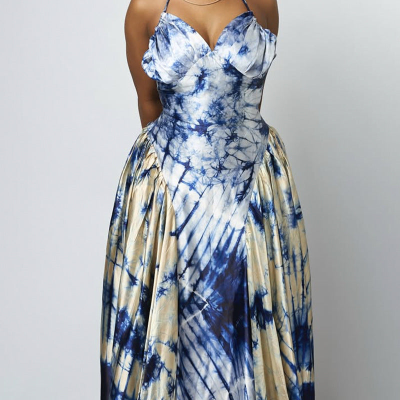 Women summer v-neck Halter Neck Sleeveless Printed Dress 4