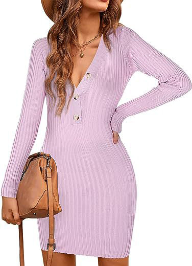 Women Knitting Fall and Winter Long Sleeve Bodycon V Neck Basic Sweater Dress 4