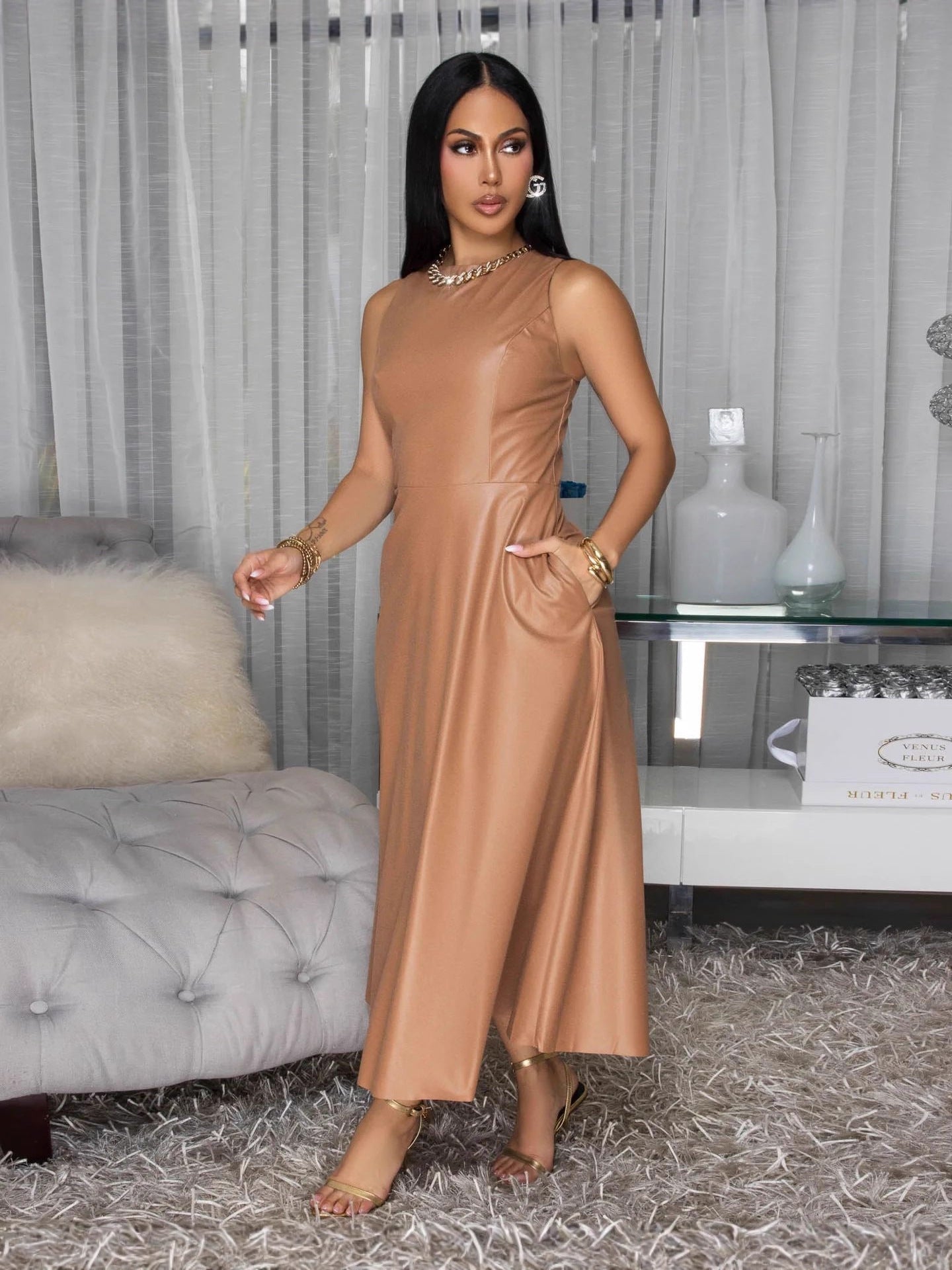 Women's Tight Fitting Ruffle Sexy Fashion Round Neck Bodycon Leather Dress 3