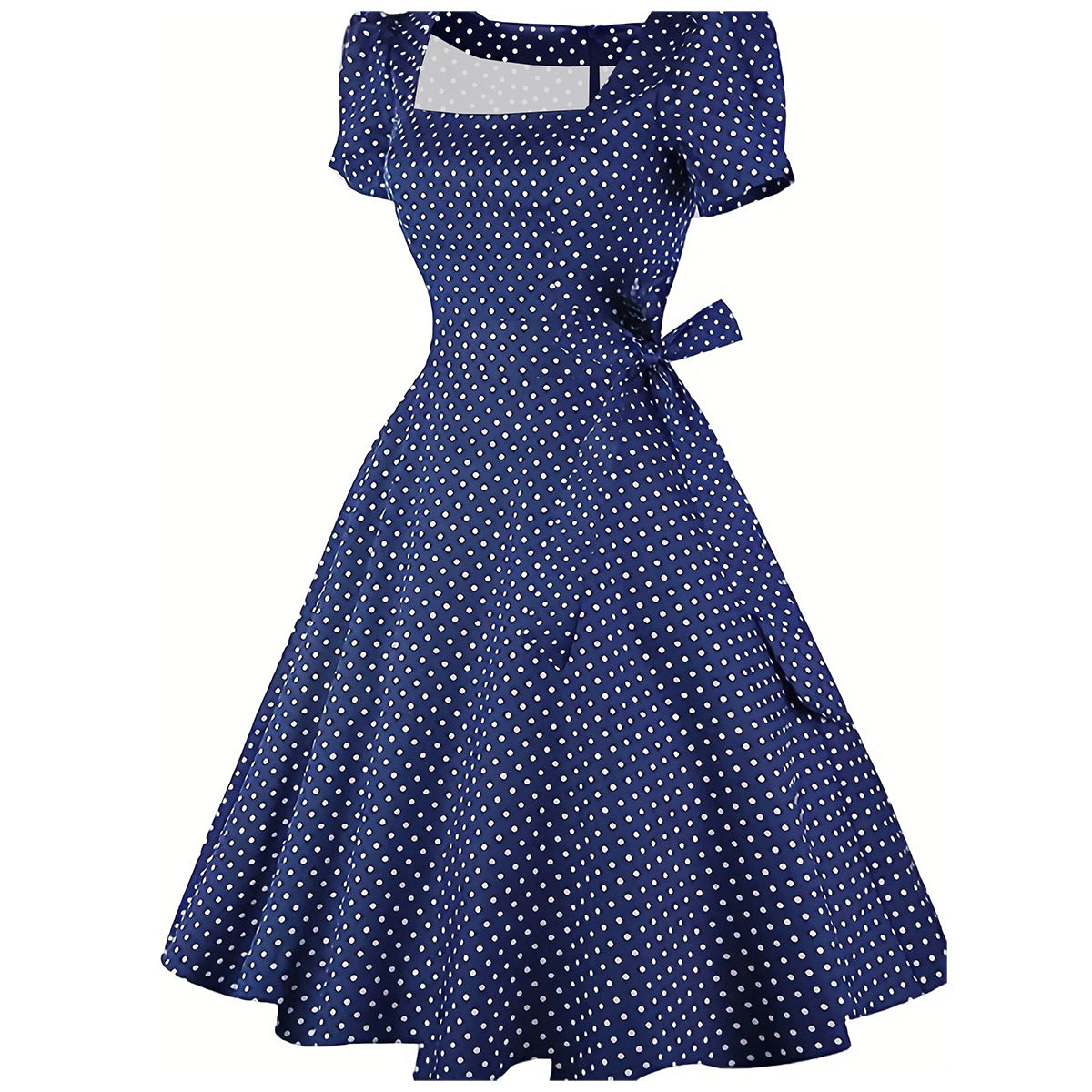 Women's Polka Dot Belted Slim Waist Puff Sleeve Retro Swing Dress 3