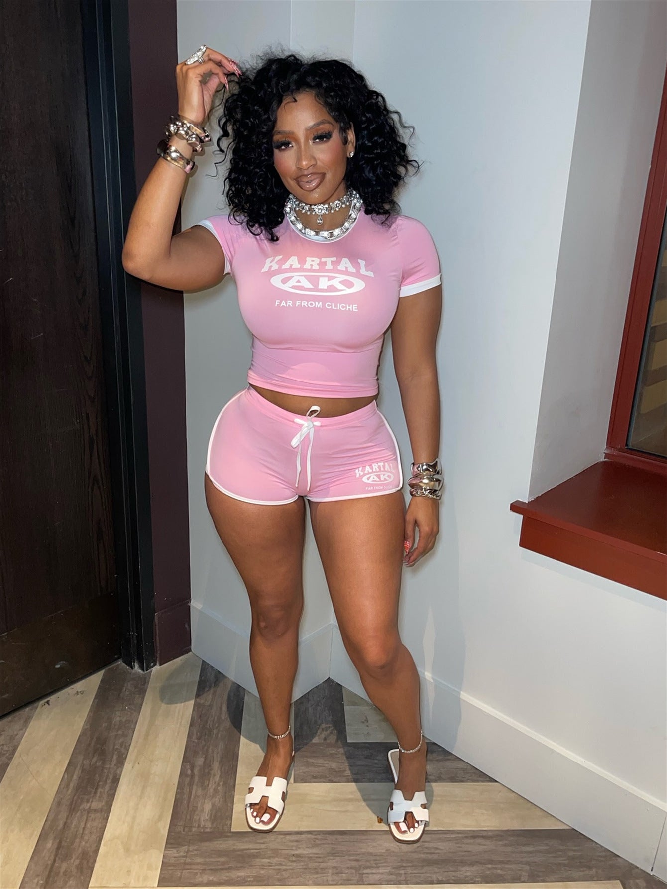 Women sexy Letter print Stretchy sports style short sleeve Top and Lace-up Shorts Two-piece Set