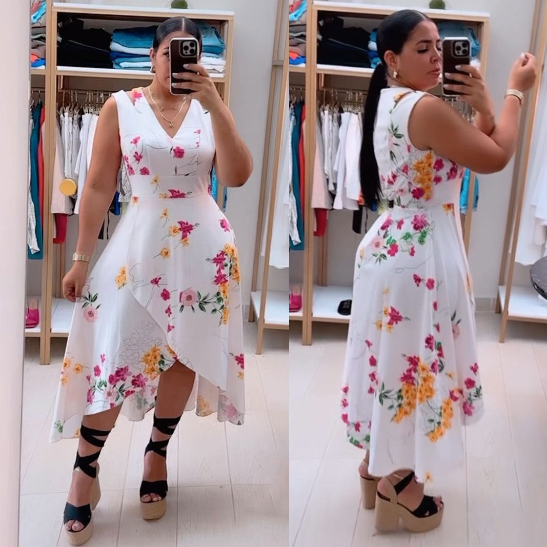 Summer Women Sexy Print V-neck Sleeveless Slit Dress