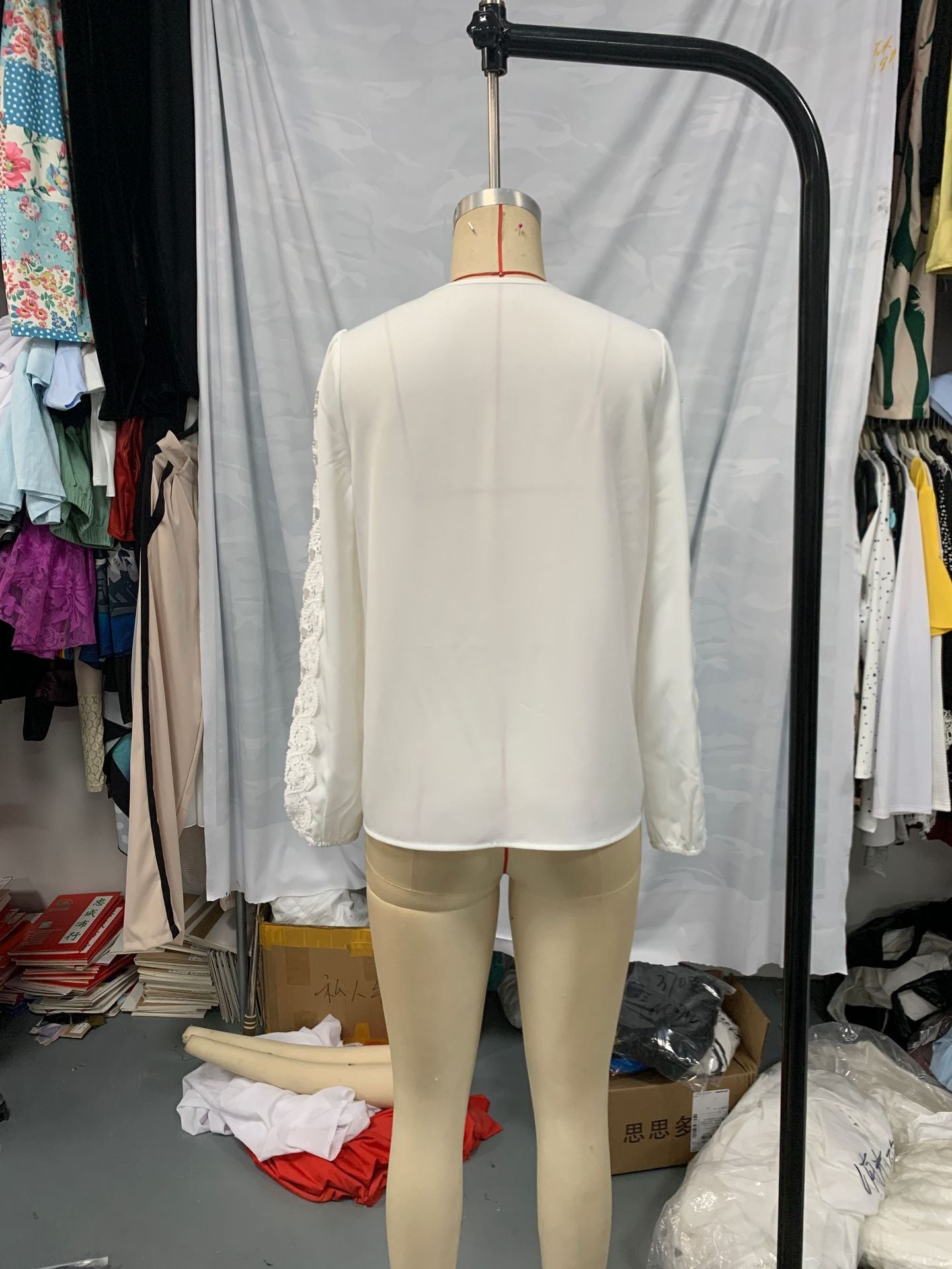 Women Solid Button Lace Patchwork V-neck shirt 5