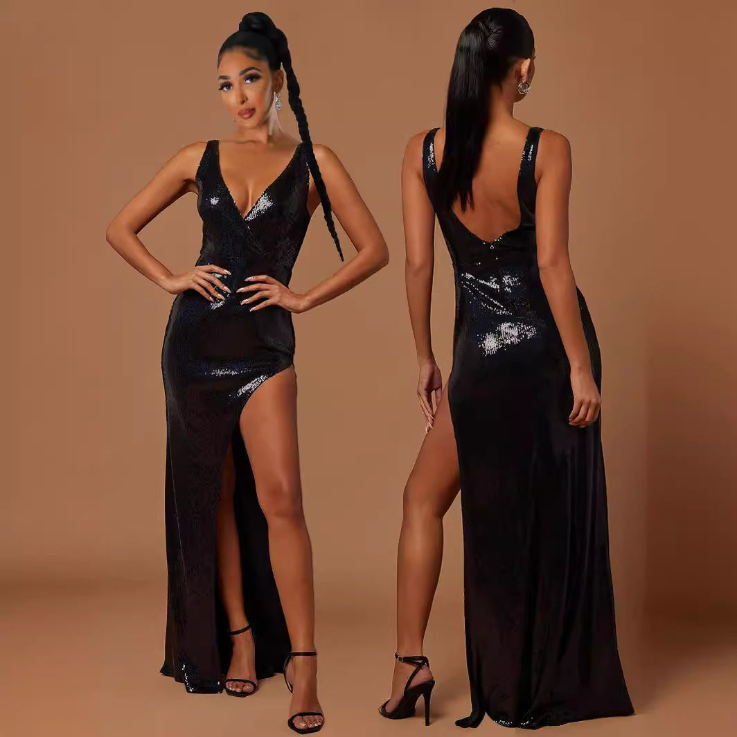 Fashion Sexy Strap Low Back Sequined Party Long Dress